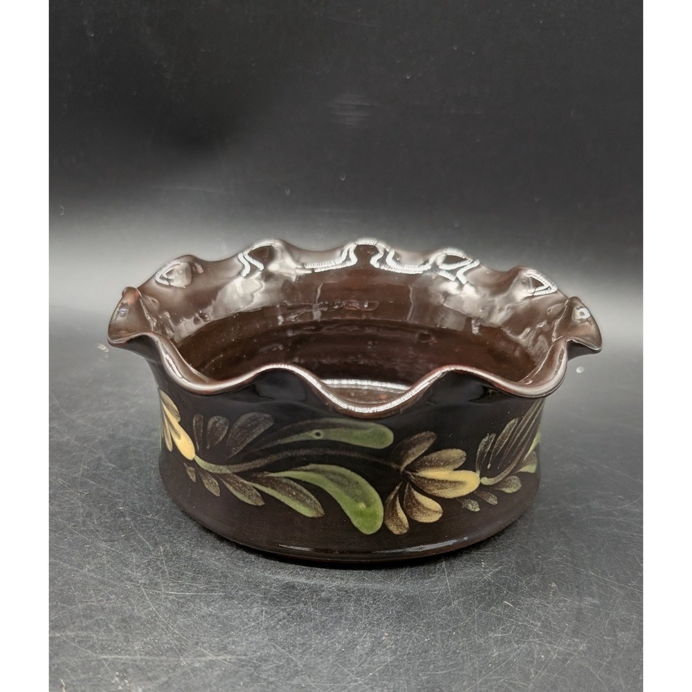 Eldreth Pottery 2006 Signed Ruffled Floral Redware Bowl Brown Folk Art 6"